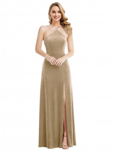 Long Sleeveless Stretch Velvet Champagne A-Line Semi Formal Evening Dress for Sale