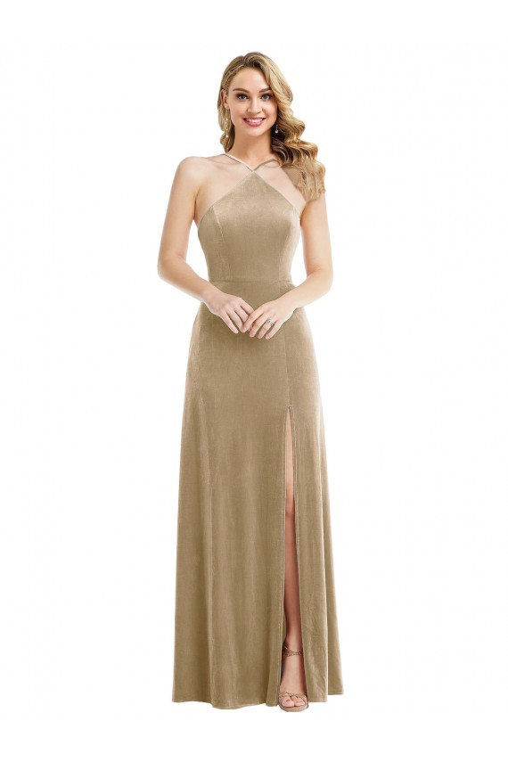Long Sleeveless Stretch Velvet Champagne A-Line Semi Formal Evening Dress