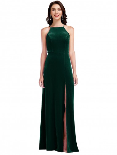 Long Sleeveless Stretch Velvet Dark Green A-Line Semi Formal Evening Dress for Sale