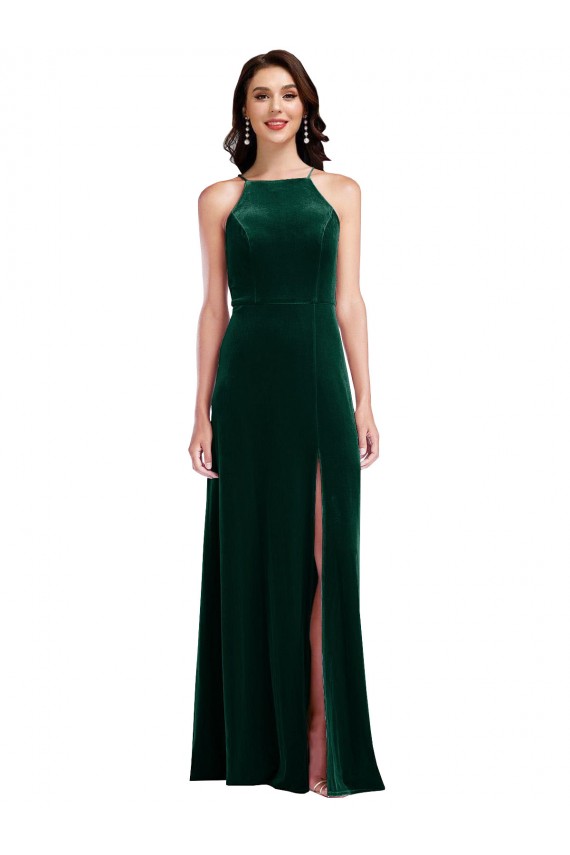 Long Sleeveless Stretch Velvet Dark Green A-Line Semi Formal Evening Dress