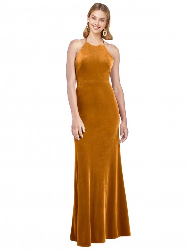 Long Sleeveless Stretch Velvet Gold A-Line Formal Evening Dress for Sale