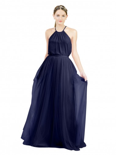 Long Sleeveless Tulle Navy Blue A-Line Semi Formal Evening Dress for Sale