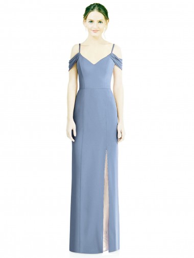 Long Cold Shoulder Soft Chiffon Dusty Blue A-Line Formal Evening Dress for Sale