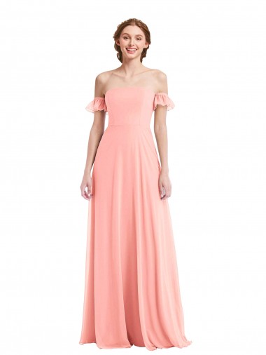 Long Flutter Sleeves Soft Chiffon Salmon A-Line Semi Formal Evening Dress for Sale