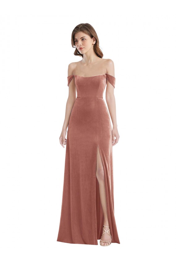 Long Sleeveless Stretch Velvet Cinnamon Rose A-Line Semi Formal Evening Dress