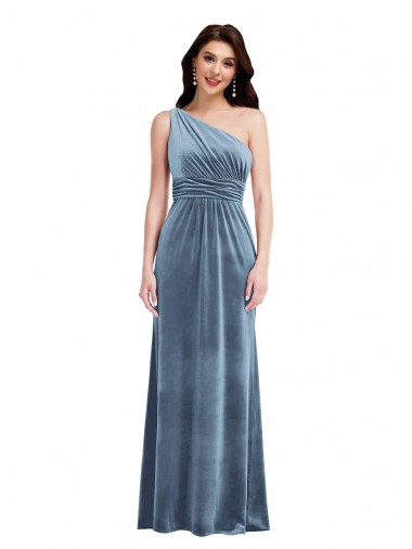 Long Sleeveless Stretch Velvet Dusty Blue A-Line Evening Dress for Sale