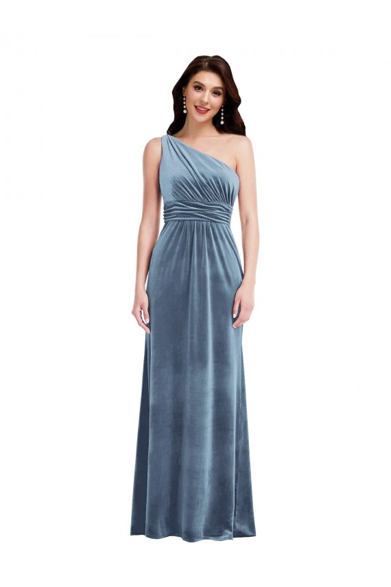 Long Sleeveless Stretch Velvet Dusty Blue A-Line Evening Dress