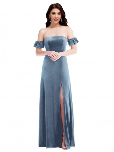 Long Ruffle Sleeves Stretch Velvet Dusty Blue A-Line Formal Dress for Sale