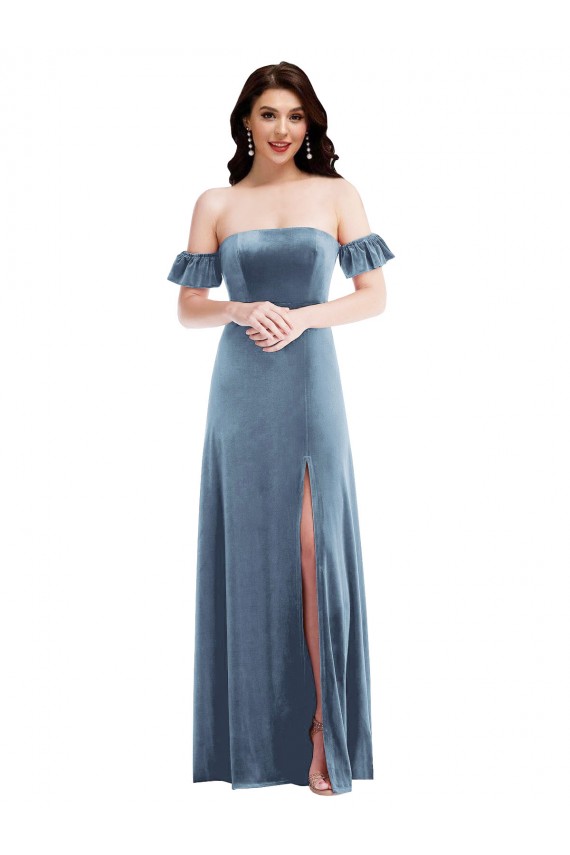 Long Ruffle Sleeves Stretch Velvet Dusty Blue A-Line Formal Dress