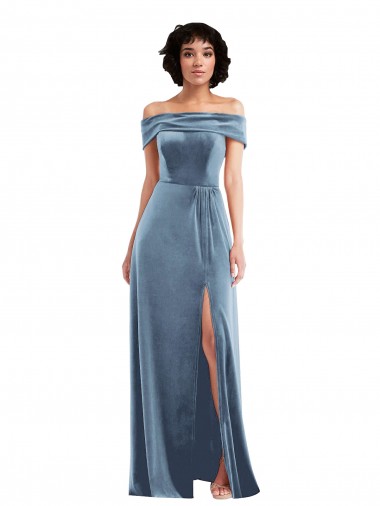 Long Sleeveless Stretch Velvet Dusty Blue Off the Shoulder A-Line Semi Formal Evening Dress for Sale