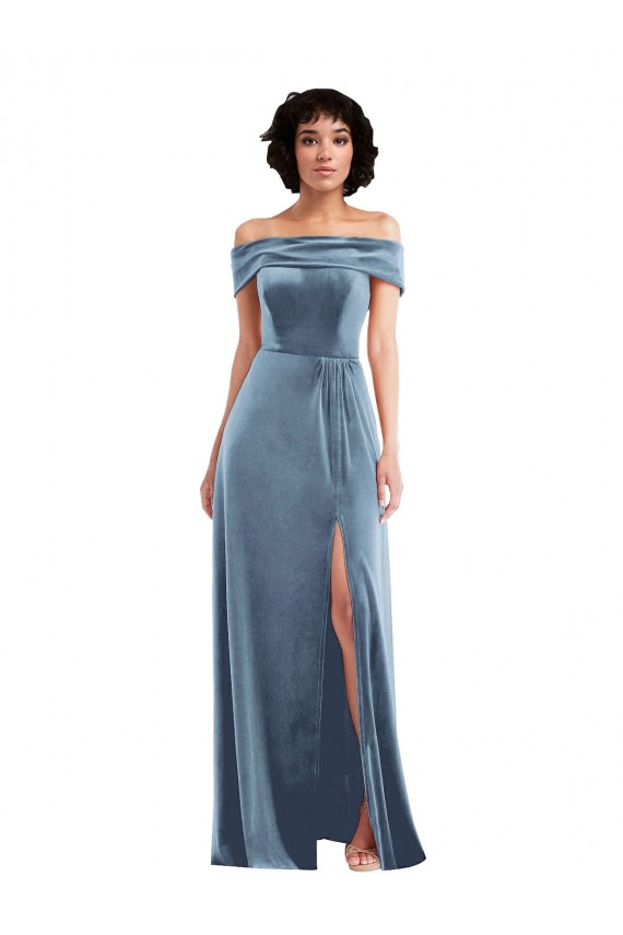 Long Sleeveless Stretch Velvet Dusty Blue Off the Shoulder A-Line Semi Formal Evening Dress