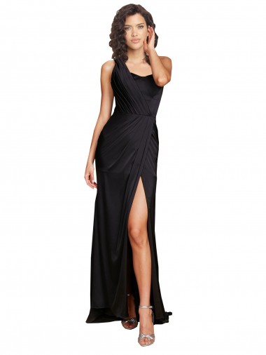 Long Sleeveless Silky Satin Black A-Line One Shoulder Evening Dress for Sale