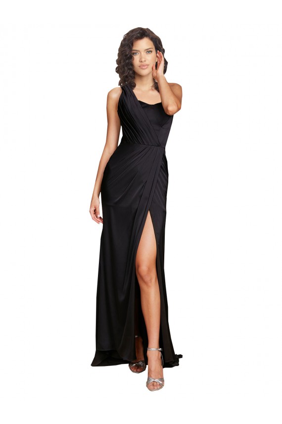 Long Sleeveless Silky Satin Black A-Line One Shoulder Evening Dress