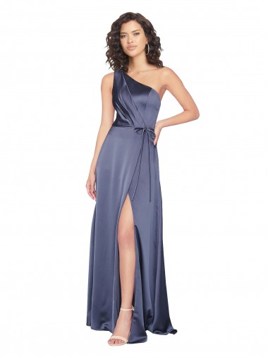 Long Sleeveless Silky Satin Dusk One Shoulder A-Line Formal Evening Dress for Sale