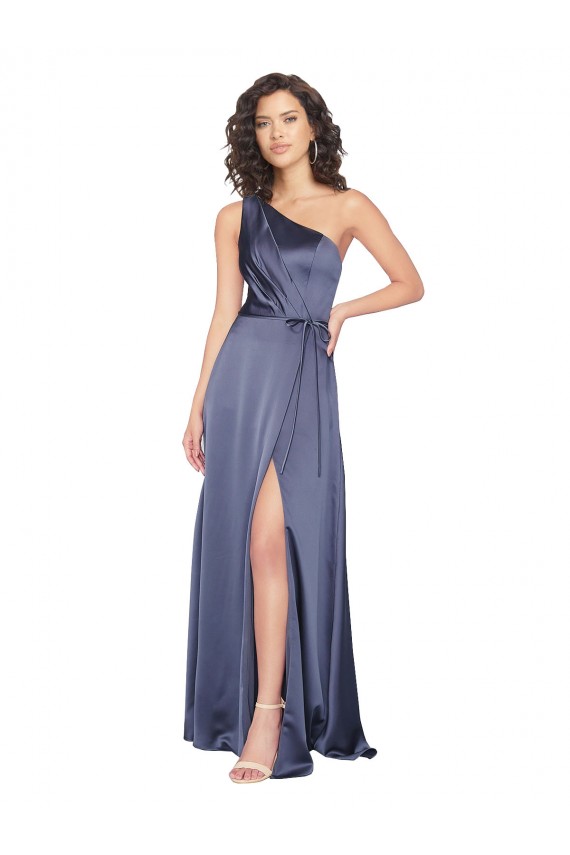 Long Sleeveless Silky Satin Dusk One Shoulder A-Line Formal Evening Dress