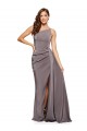Long Sleeveless Silky Satin Slate Grey A-Line Formal Evening Dress