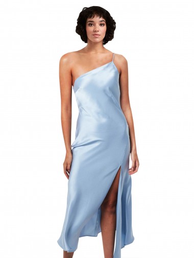 Midi Length Sleeveless Silky Satin Light Sky Blue A-Line Formal Evening Dress for Sale