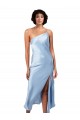 Midi Length Sleeveless Silky Satin Light Sky Blue A-Line Formal Evening Dress
