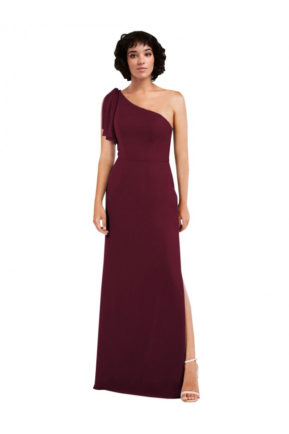 Long Sleeveless Soft Chiffon Burgundy One Shoulder A-Line Formal Evening Dress