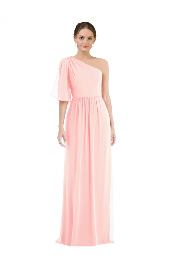Long Bell Sleeves Soft Chiffon Pink A-Line Semi Formal Evening Dress