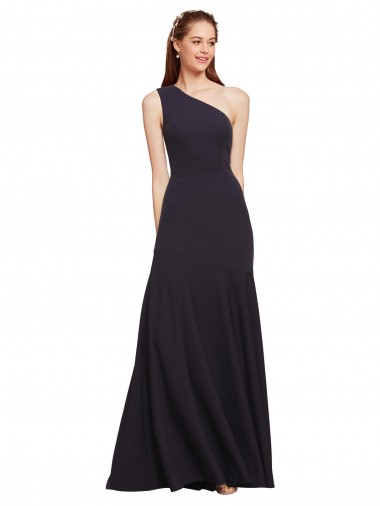 Long Sleeveless Stretch Crepe Dark Navy One Shoulder A-Line Formal Evening Dress for Sale