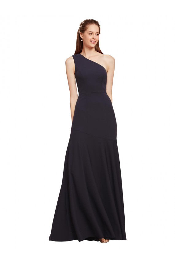Long Sleeveless Stretch Crepe Dark Navy One Shoulder A-Line Formal Evening Dress