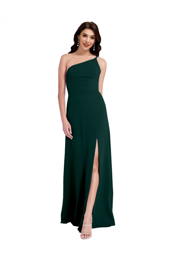 Long Sleeveless Stretch Crepe Midnight Green One Shoulder A-Line Formal Evening Dress