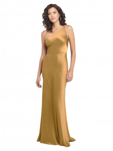 Long Sleeveless Stretch Satin Gold A-Line Formal Evening Dress for Sale