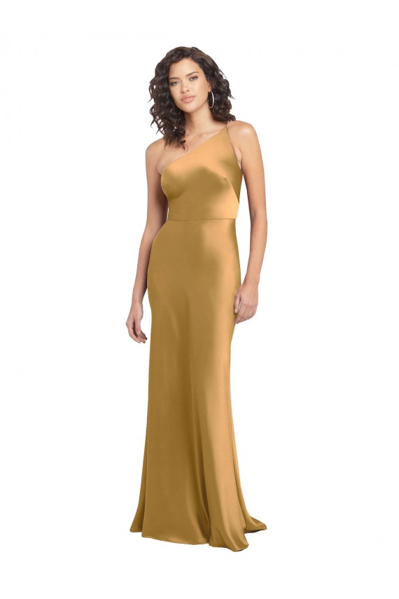 Long Sleeveless Stretch Satin Gold A-Line Formal Evening Dress