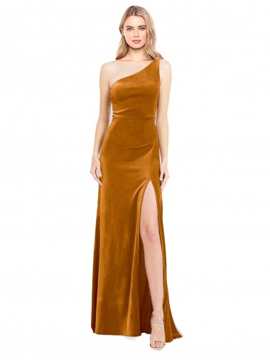 Long Sleeveless Stretch Velvet Gold One Shoulder A-Line Formal Evening Dress for Sale