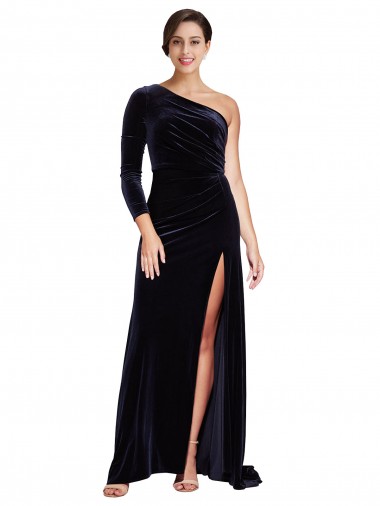 Sweep Train Long Sleeves Stretch Velvet Dark Navy A-Line Formal Evening Dress for Sale
