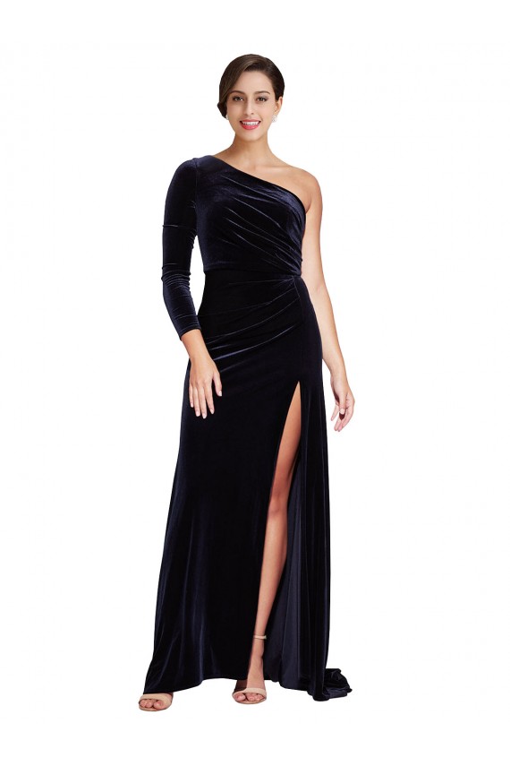 Sweep Train Long Sleeves Stretch Velvet Dark Navy A-Line Formal Evening Dress