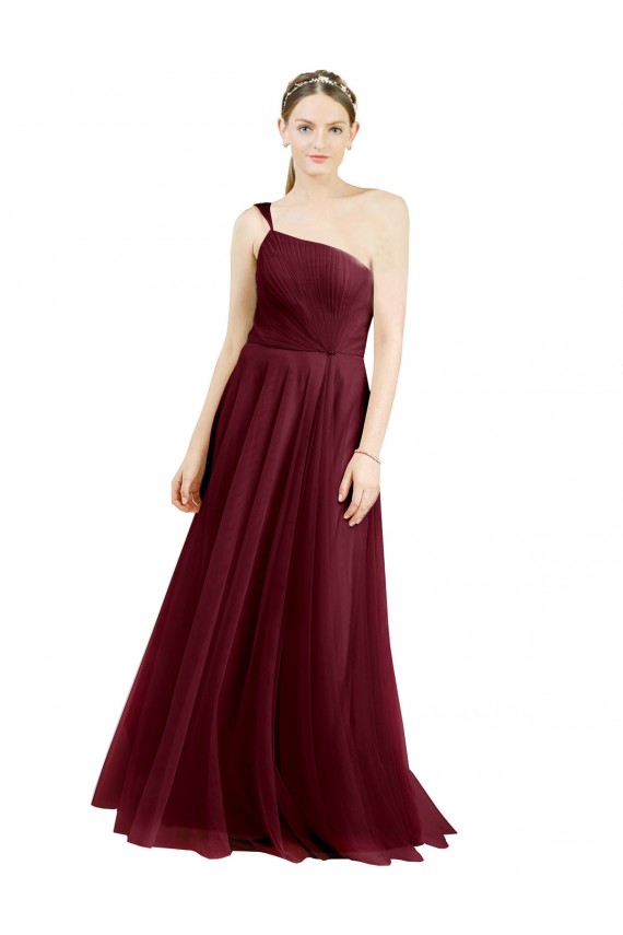 Long Sleeveless Tulle Burgundy A-Line Semi Formal Evening Dress