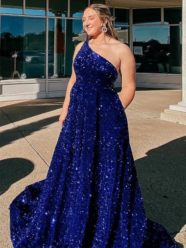 Sweep Train Sleeveless Velvet Sequin Royal Blue A-Line Evening Dress for Sale