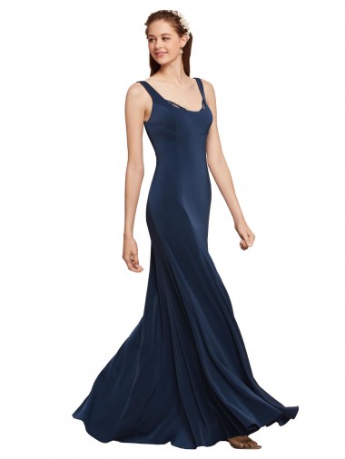 Long Sleeveless Stretch Crepe Dark Navy A-Line Evening Dress for Sale