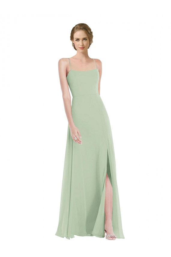 Long Sleeveless Soft Chiffon Sage Scoop Neck A-Line Semi Formal Evening Dress