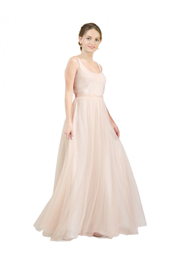Long Sleeveless Tulle Pink A-Line Semi Formal Evening Dress
