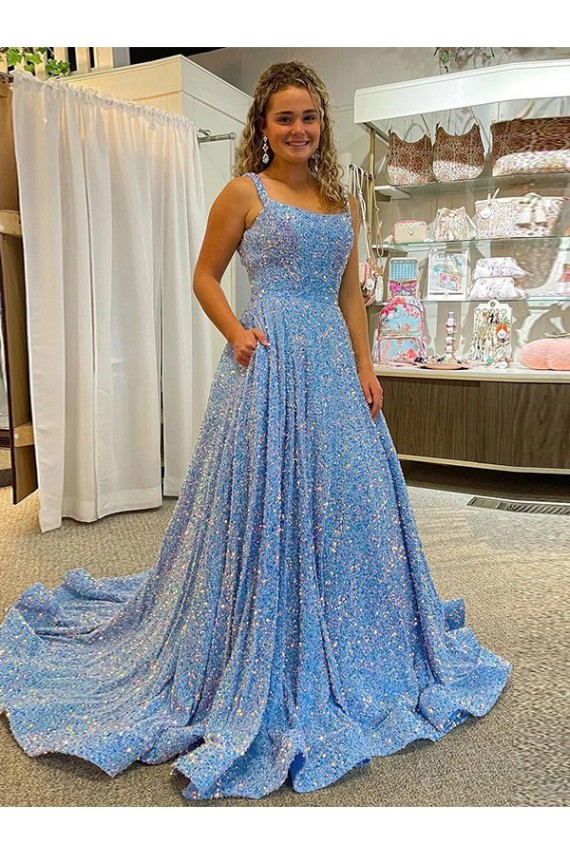 Court Train Sleeveless Velvet Sequin A-Line Evening Dress