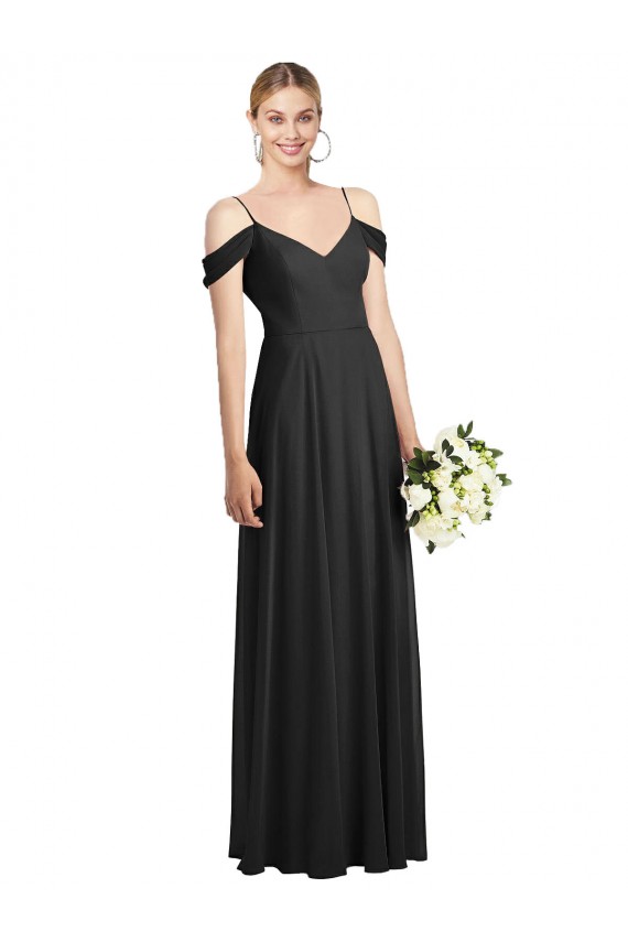 Long Cold Shoulder Soft Chiffon Black A-Line Semi Formal Evening Dress