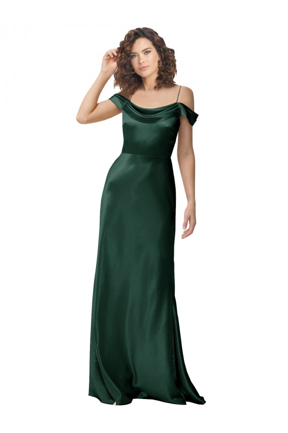 Long Sleeveless Stretch Satin Hunter Off the Shoulder A-Line Formal Evening Dress