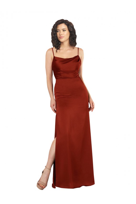 Long Sleeveless Silky Satin Red Spaghetti Straps A-Line Formal Evening Dress