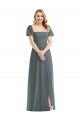 Long Puff Sleeves Soft Chiffon Slate Grey A-Line Semi Formal Evening Dress