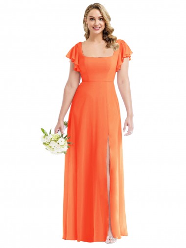 Long Flutter Sleeves Soft Chiffon Tangerine Tango A-Line Semi Formal Evening Dress for Sale