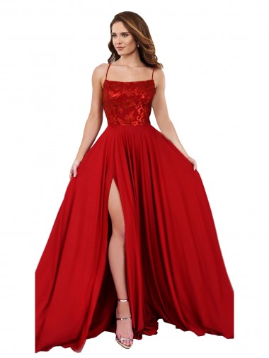 Long Sleeveless Spandex & Lace Red A-Line Semi Formal Evening Dress for Sale