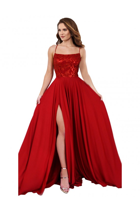 Long Sleeveless Spandex & Lace Red A-Line Semi Formal Evening Dress
