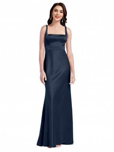 Long Sleeveless Stretch Satin Dark Navy Square Neck A-Line Formal Evening Dress for Sale