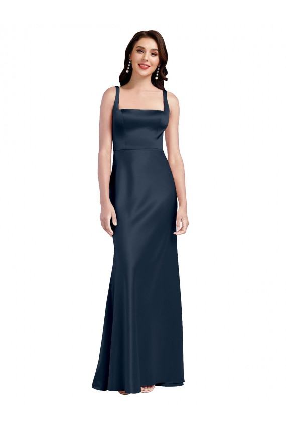 Long Sleeveless Stretch Satin Dark Navy Square Neck A-Line Formal Evening Dress