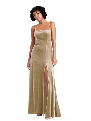 Long Sleeveless Stretch Velvet Champagne A-Line Formal Evening Dress for Sale