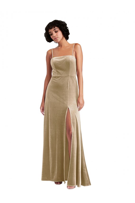 Long Sleeveless Stretch Velvet Champagne A-Line Formal Evening Dress