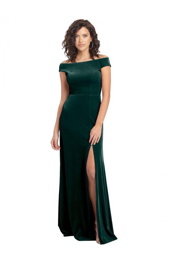 Long Cap Sleeves Stretch Velvet Dark Green A-Line Formal Evening Dress